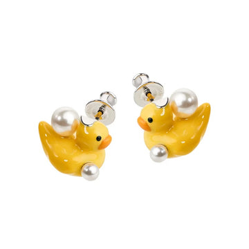 Pearl duck yellow enamel earrings